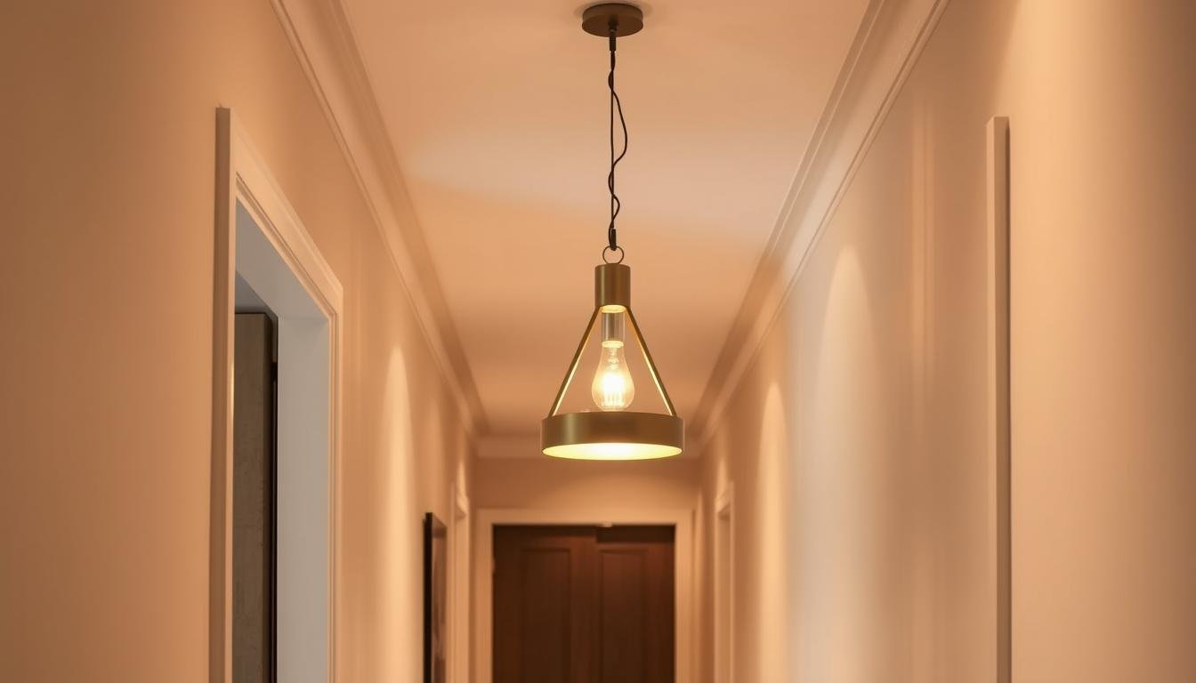 Elegant pendant light hanging in a hallway with warm lighting creating luxury ambiance