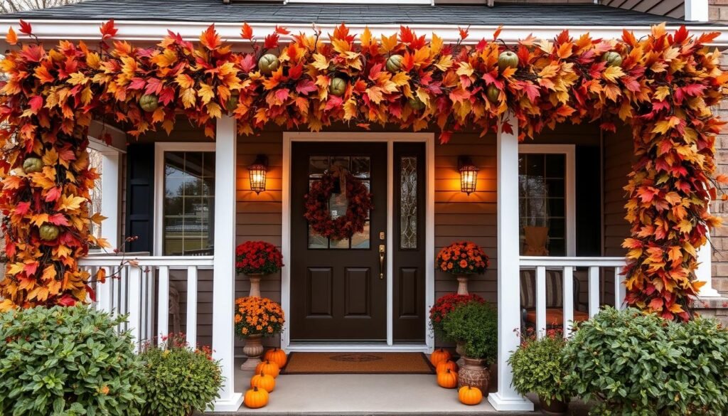 Fall leaf garland decorating porch railings and doorways for outdoor fall decor ideas Fall leaf garland decorating porch railings and doorways for outdoor fall decor ideas