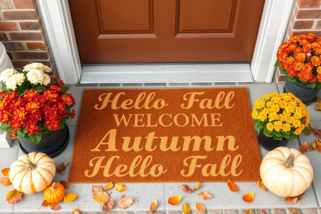 Fall-themed doormat with autumn decorations around it for outdoor fall decor ideas Fall-themed doormat with autumn decorations around it for outdoor fall decor ideas