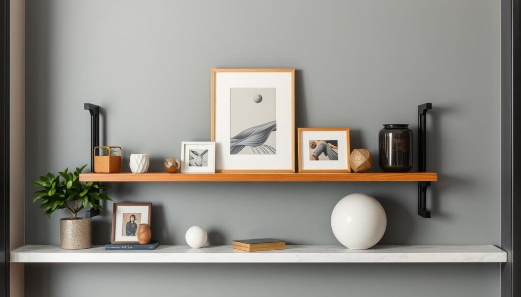 Floating shelf in hallway with curated decorative objects Floating shelf in hallway with curated decorative objects