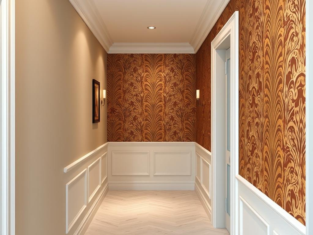 Hallway with accent wall featuring luxury wallpaper pattern Hallway with accent wall featuring luxury wallpaper pattern