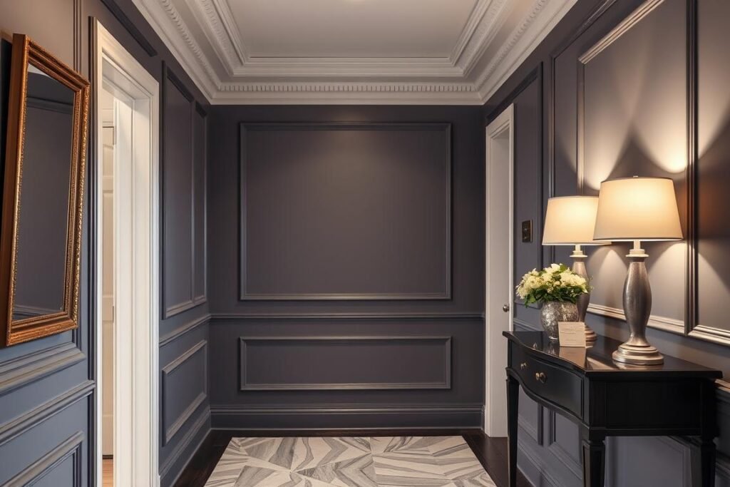 Hallway with applied wall molding creating architectural detail Hallway with applied wall molding creating architectural detail