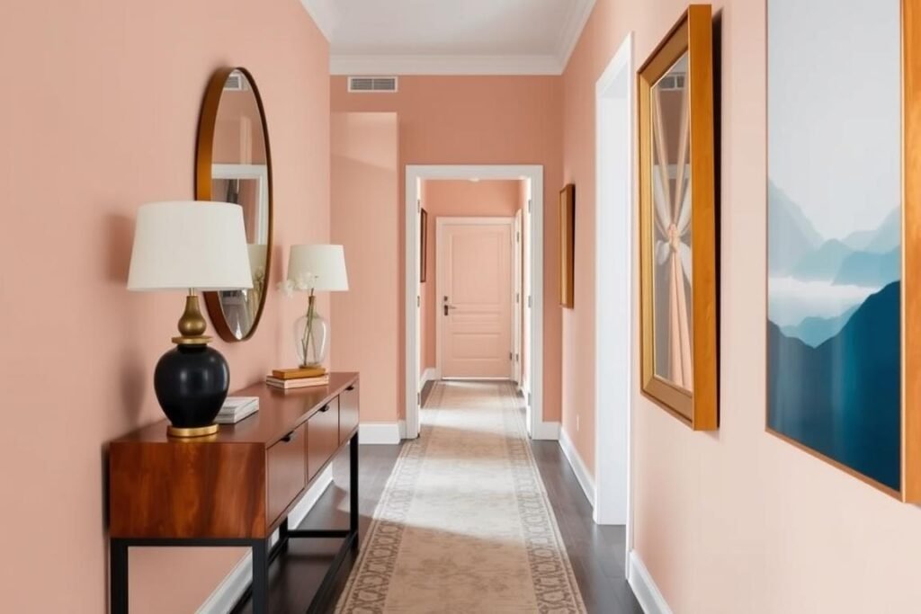 Hallway with cohesive color palette across walls, art, and accessories Hallway with cohesive color palette across walls, art, and accessories