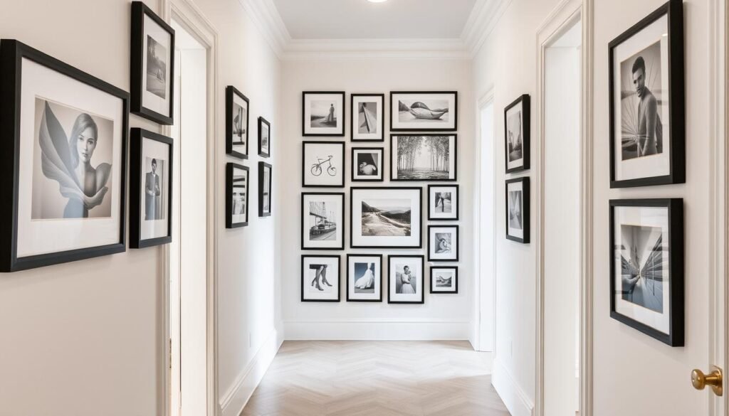 Hallway with collection of art in matching black frames creating cohesive gallery Hallway with collection of art in matching black frames creating cohesive gallery