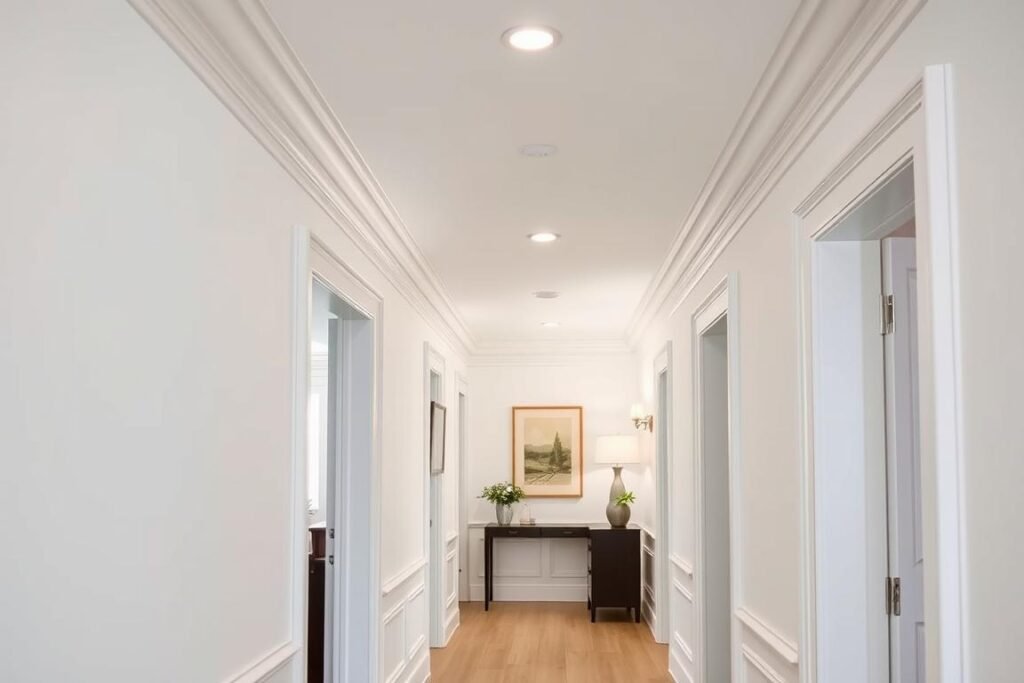 Hallway with crown molding adding architectural detail to ceiling Hallway with crown molding adding architectural detail to ceiling