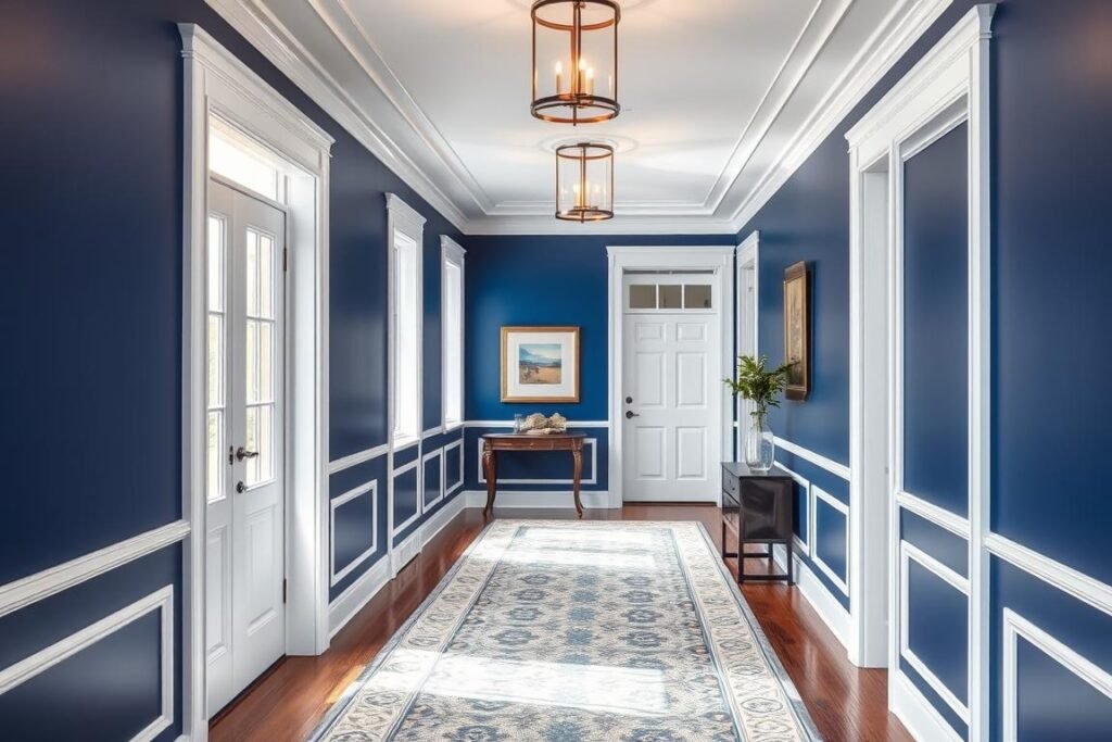 Hallway with deep blue painted walls creating dramatic luxury atmosphere Hallway with deep blue painted walls creating dramatic luxury atmosphere