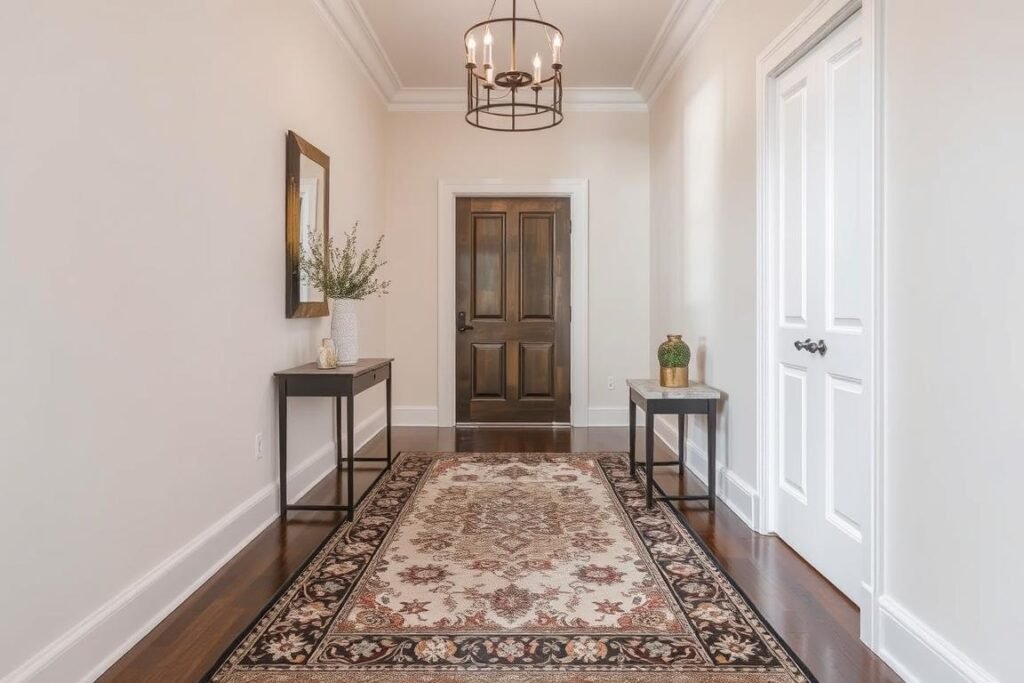 Hallway with layered rugs creating texture and luxury underfoot Hallway with layered rugs creating texture and luxury underfoot