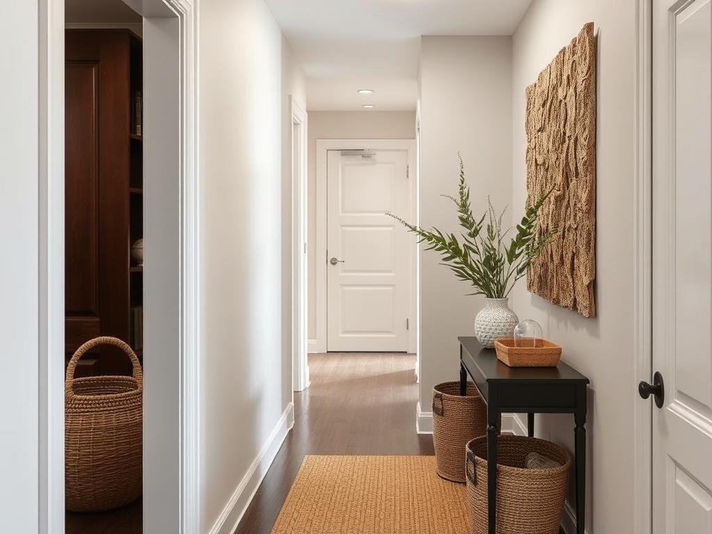 Hallway with layered textures including woven basket, textured art, and natural materials Hallway with layered textures including woven basket, textured art, and natural materials