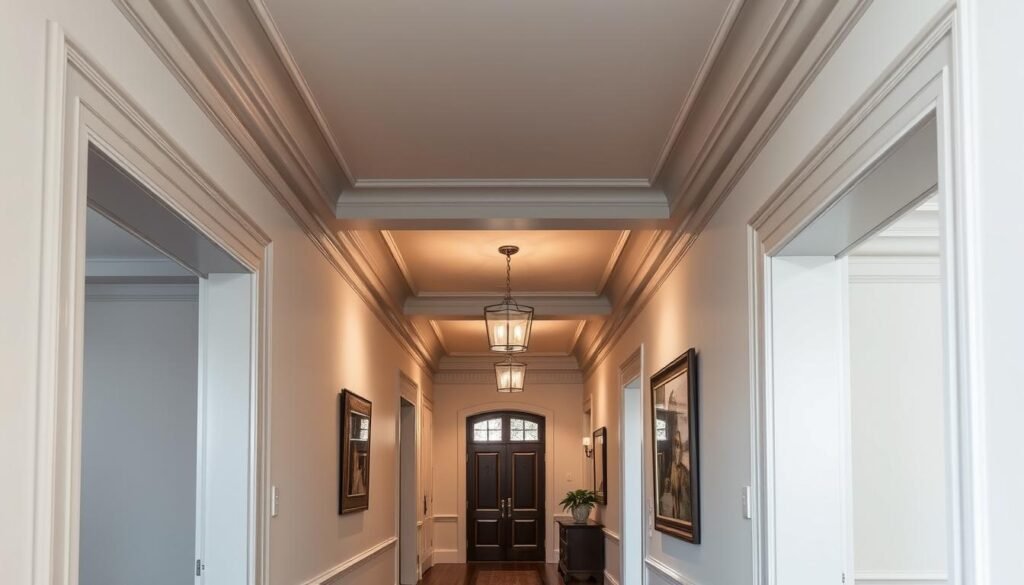 Hallway with painted ceiling in subtle color adding architectural interest Hallway with painted ceiling in subtle color adding architectural interest