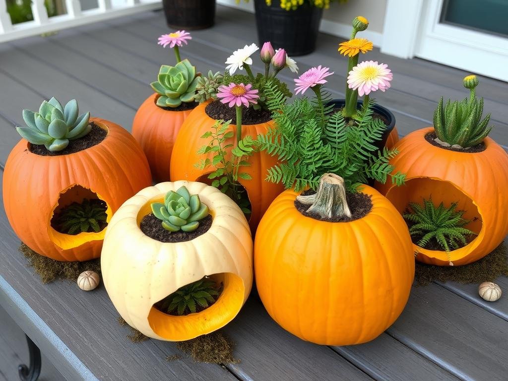 Hollowed pumpkins used as planters for fall flowers for outdoor fall decor ideas Hollowed pumpkins used as planters for fall flowers for outdoor fall decor ideas
