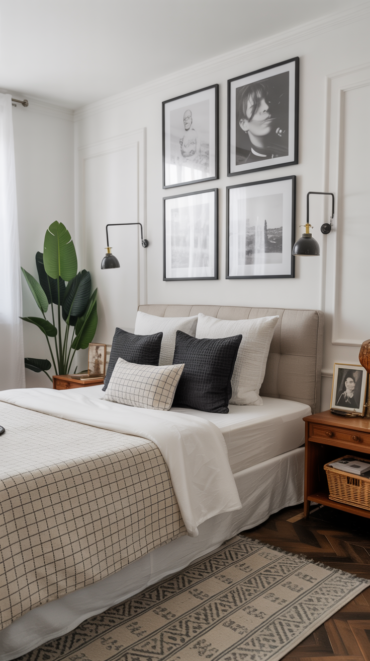 White bedroom with black framed gallery wall and contrasting bedding