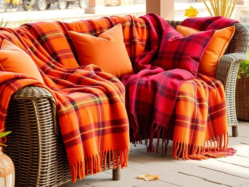 Outdoor seating area with layered plaid blankets and fall-colored pillows for outdoor fall decor ideas