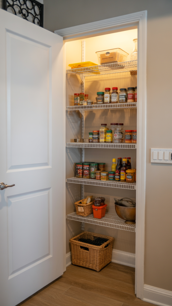 A walk-in pantry door with wire shelves holding various spices and condiments.