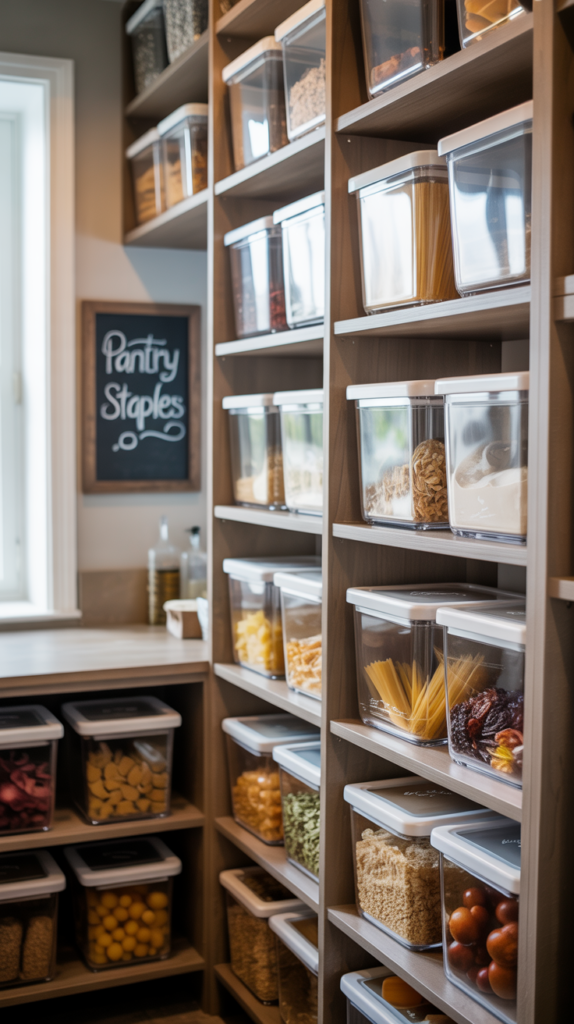 A well-organized walk-in pantry featuring clear storage containers filled with various food items.