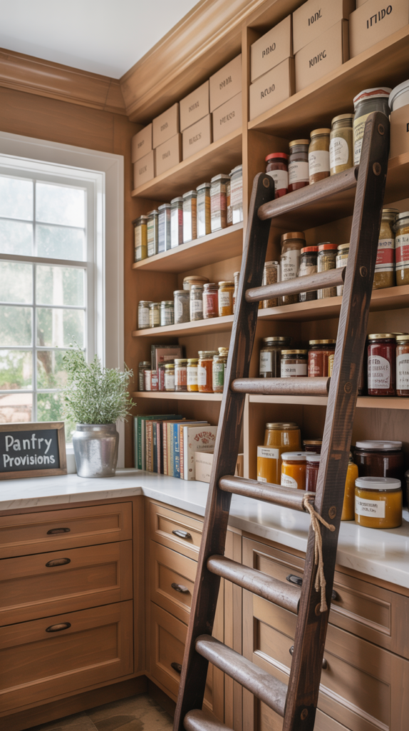 A well-organized walk-in pantry featuring wooden shelves and a ladder for high storage.