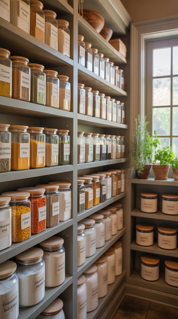 A well-organized walk-in pantry with jars and containers on shelves.