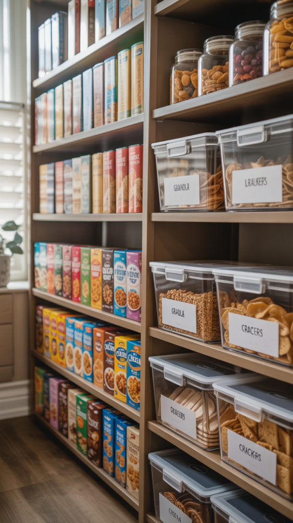 Organized pantry with shelves filled with snacks and clear bins.