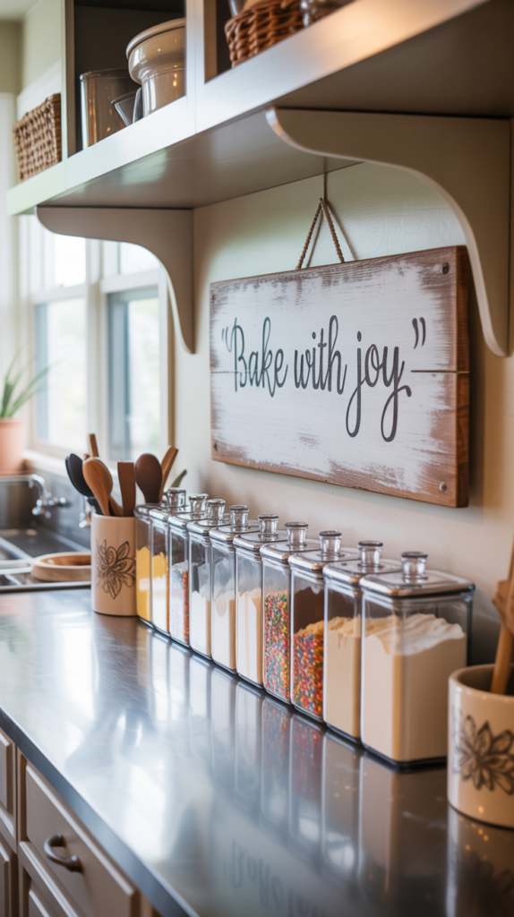A well-organized baking station in a walk-in pantry with clear containers, utensils, and a sign.