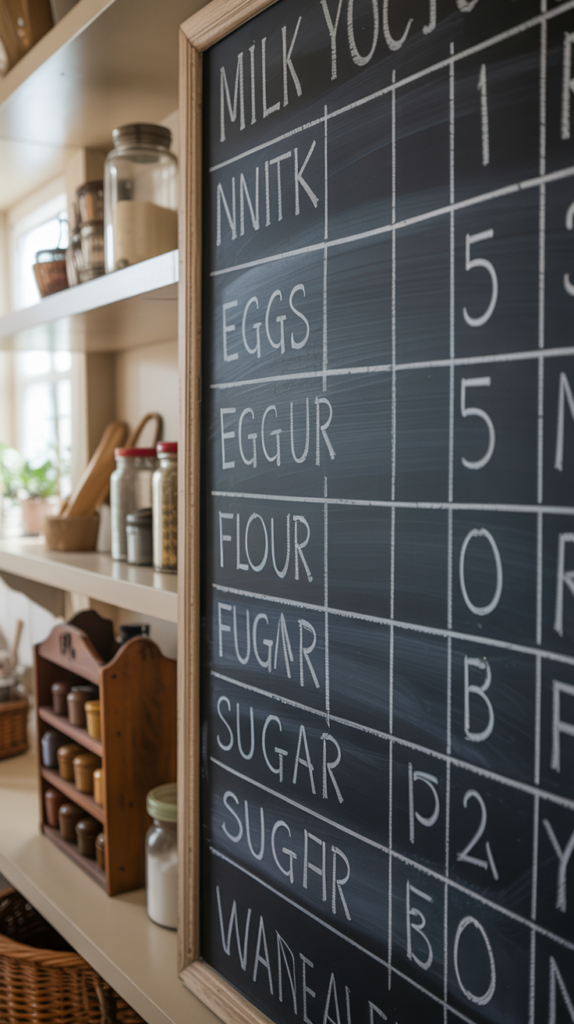Chalkboard wall in a pantry listing grocery items and inventory.