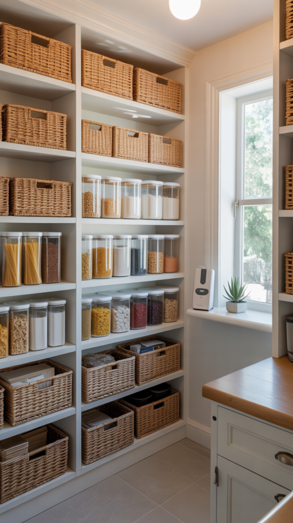 Bright and organized walk-in pantry with shelves filled with baskets and containers.