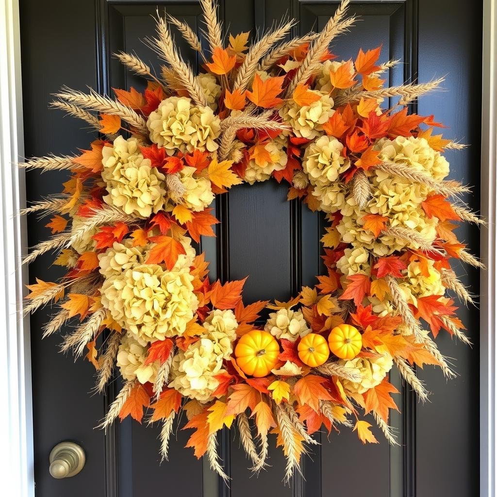 Large autumn wreath with dried flowers and fall foliage for outdoor fall decor ideas Large autumn wreath with dried flowers and fall foliage for outdoor fall decor ideas