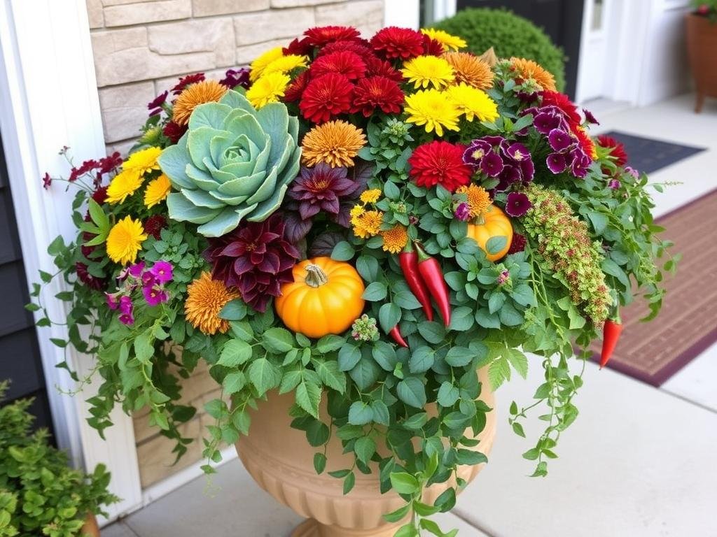 Large container with fall plants, flowers and decorative elements for outdoor fall decor ideas Large container with fall plants, flowers and decorative elements for outdoor fall decor ideas