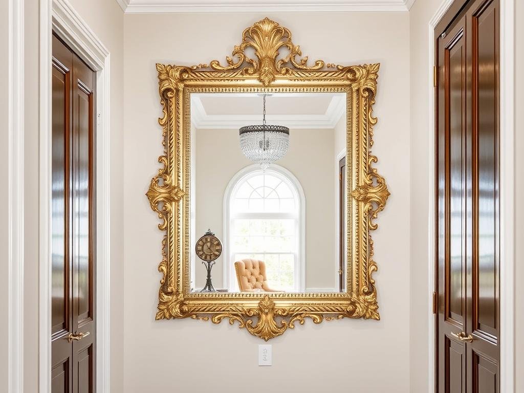 Large decorative mirror in hallway reflecting light and creating illusion of space Large decorative mirror in hallway reflecting light and creating illusion of space