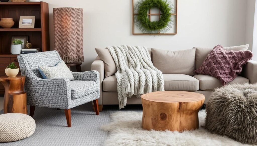 Living room showcasing multiple textures including boucle, knit, wood, and faux fur Living room showcasing multiple textures including boucle, knit, wood, and faux fur