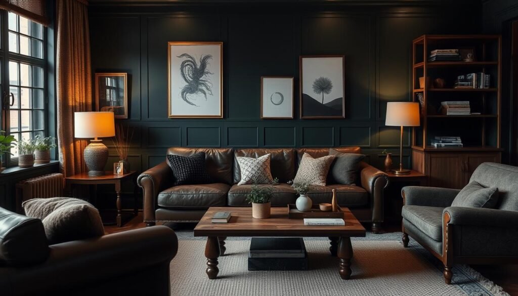 Living room with deep green walls, leather sofa, and wooden accents creating a cozy atmosphere Living room with deep green walls, leather sofa, and wooden accents creating a cozy atmosphere