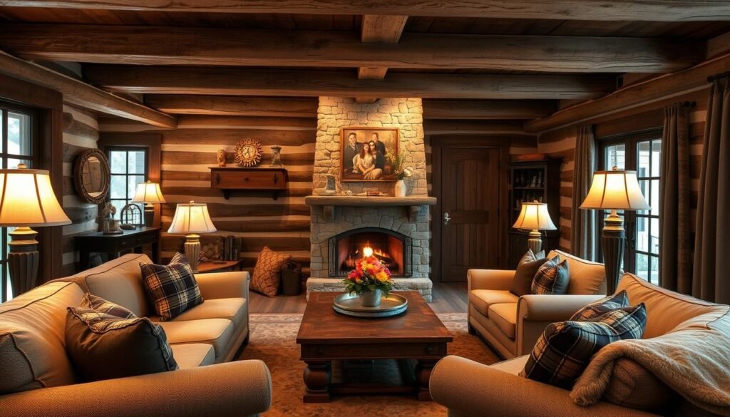 Living room with distressed wood elements, plaid textiles, and warm ambient lighting Living room with distressed wood elements, plaid textiles, and warm ambient lighting