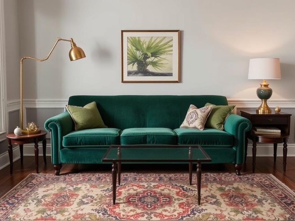 Living room with emerald green velvet sofa, vintage lighting, and antique-inspired rug Living room with emerald green velvet sofa, vintage lighting, and antique-inspired rug