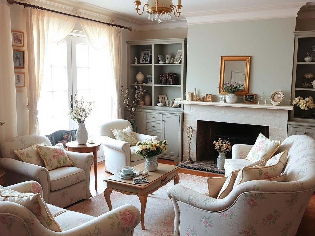 Living room with floral patterns, vintage furniture pieces, and soft pastel colors Living room with floral patterns, vintage furniture pieces, and soft pastel colors