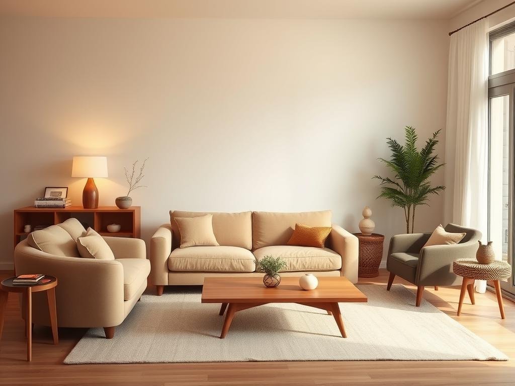 Minimalist but cozy living room with carefully selected comfortable furniture and warm accents Minimalist but cozy living room with carefully selected comfortable furniture and warm accents