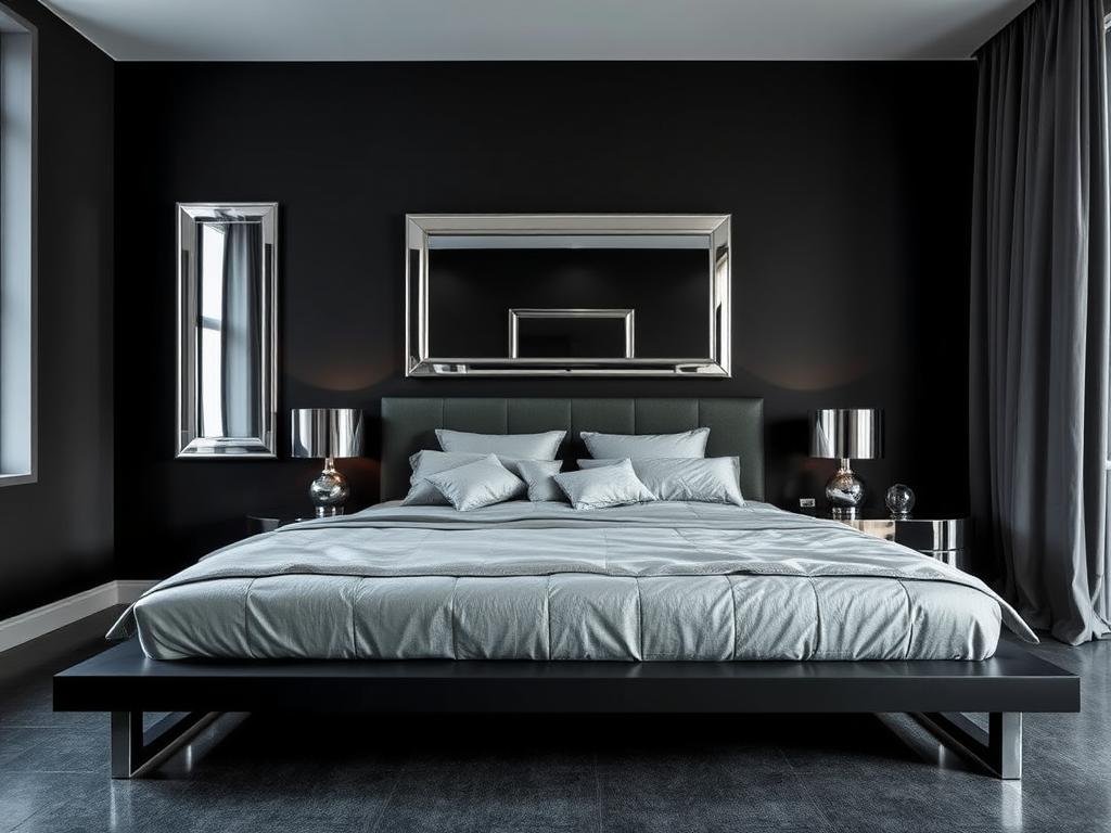 Modern black bedroom with silver and chrome accents for a contemporary look Modern black bedroom with silver and chrome accents for a contemporary look