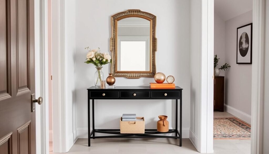 Narrow console table in hallway with styled accessories and mirror above Narrow console table in hallway with styled accessories and mirror above