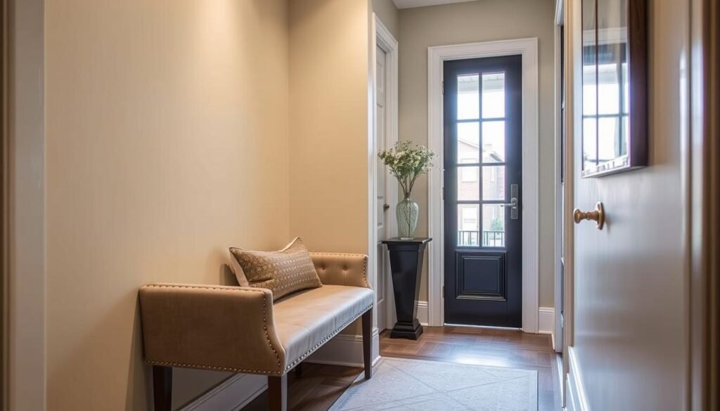 Narrow upholstered bench in hallway providing seating and style Narrow upholstered bench in hallway providing seating and style