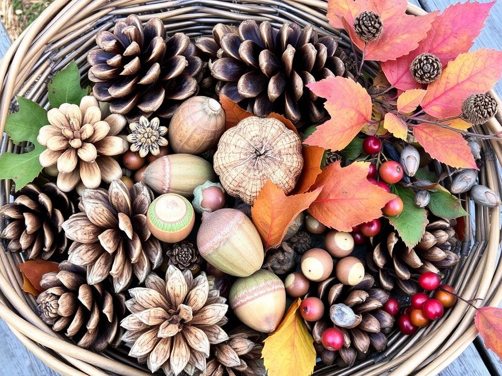 Natural fall elements like pinecones, acorns and branches for outdoor fall decor ideas Natural fall elements like pinecones, acorns and branches for outdoor fall decor ideas