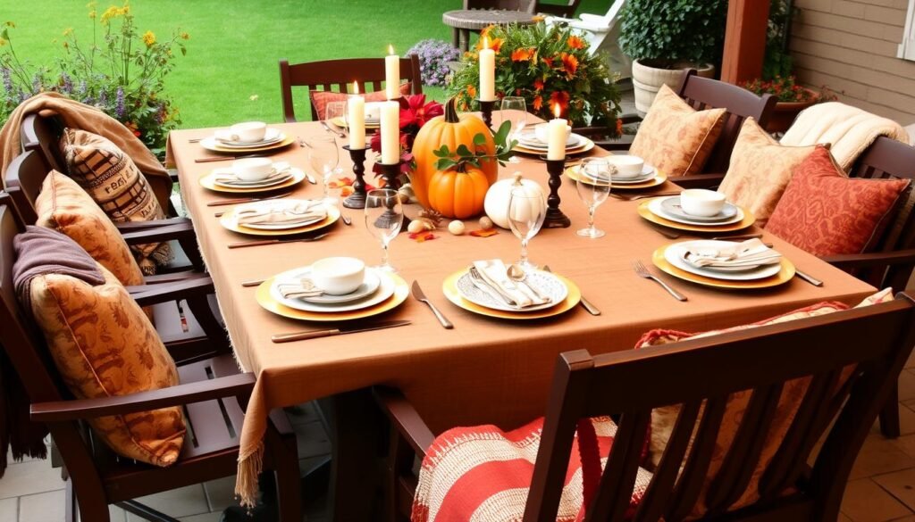 Outdoor dining table decorated for fall with centerpiece and place settings for outdoor fall decor ideas Outdoor dining table decorated for fall with centerpiece and place settings for outdoor fall decor ideas