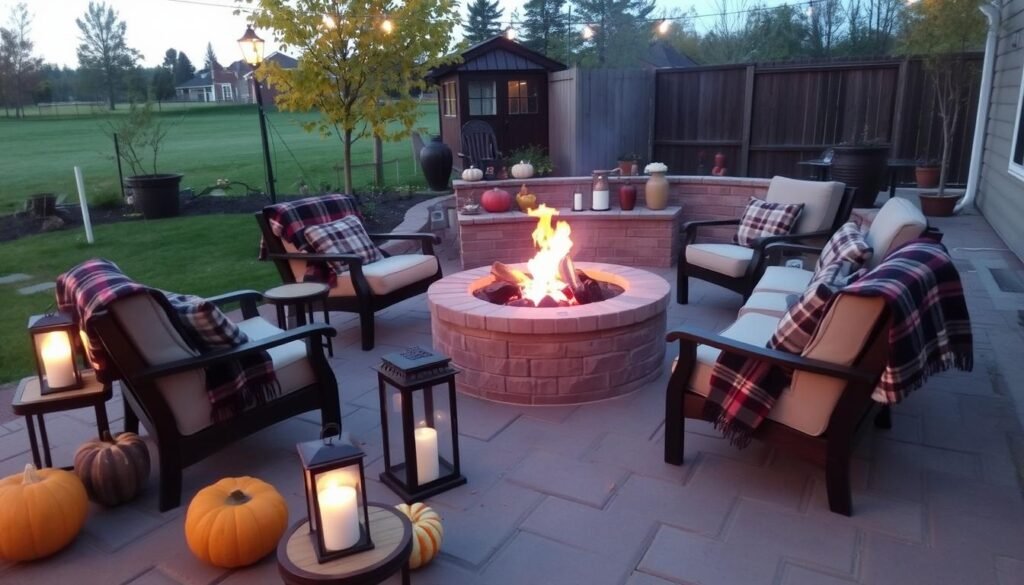 Outdoor fire pit with comfortable seating and fall decorations for outdoor fall decor ideas Outdoor fire pit with comfortable seating and fall decorations for outdoor fall decor ideas
