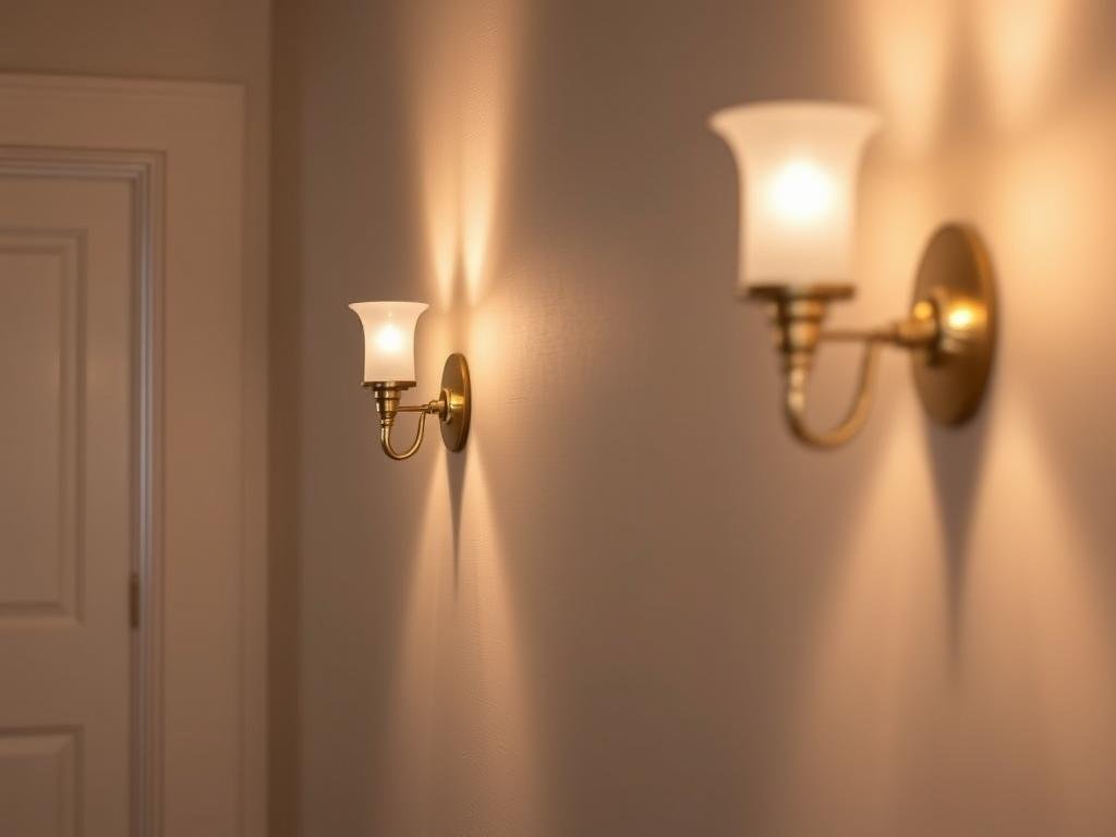 Pair of elegant wall sconces in hallway creating ambient lighting Pair of elegant wall sconces in hallway creating ambient lighting