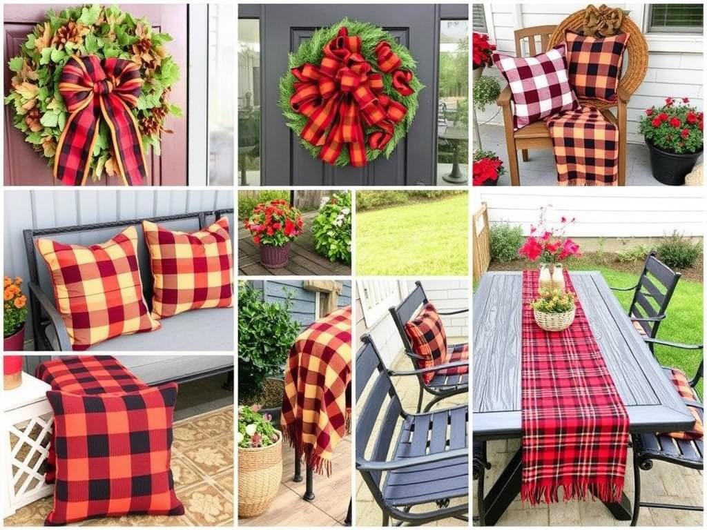 Plaid blankets, pillows and ribbons used in outdoor fall decor ideas Plaid blankets, pillows and ribbons used in outdoor fall decor ideas