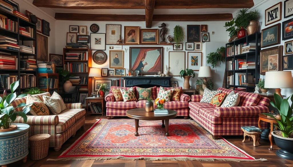 Richly layered living room with multiple patterns, textures, books and collected objects Richly layered living room with multiple patterns, textures, books and collected objects