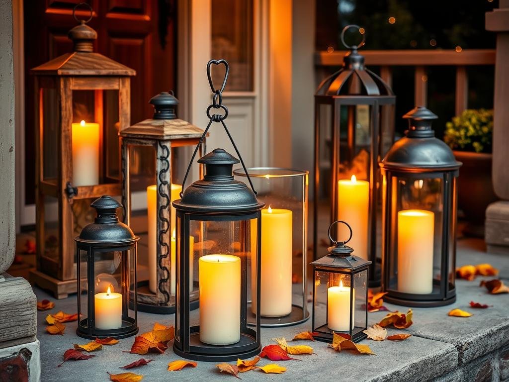Rustic lanterns with candles creating warm glow on porch for outdoor fall decor ideas Rustic lanterns with candles creating warm glow on porch for outdoor fall decor ideas
