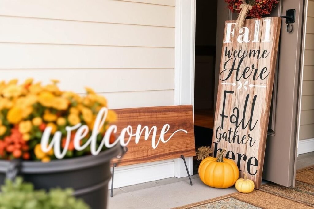 Rustic wooden fall welcome sign with decorative elements for outdoor fall decor ideas Rustic wooden fall welcome sign with decorative elements for outdoor fall decor ideas