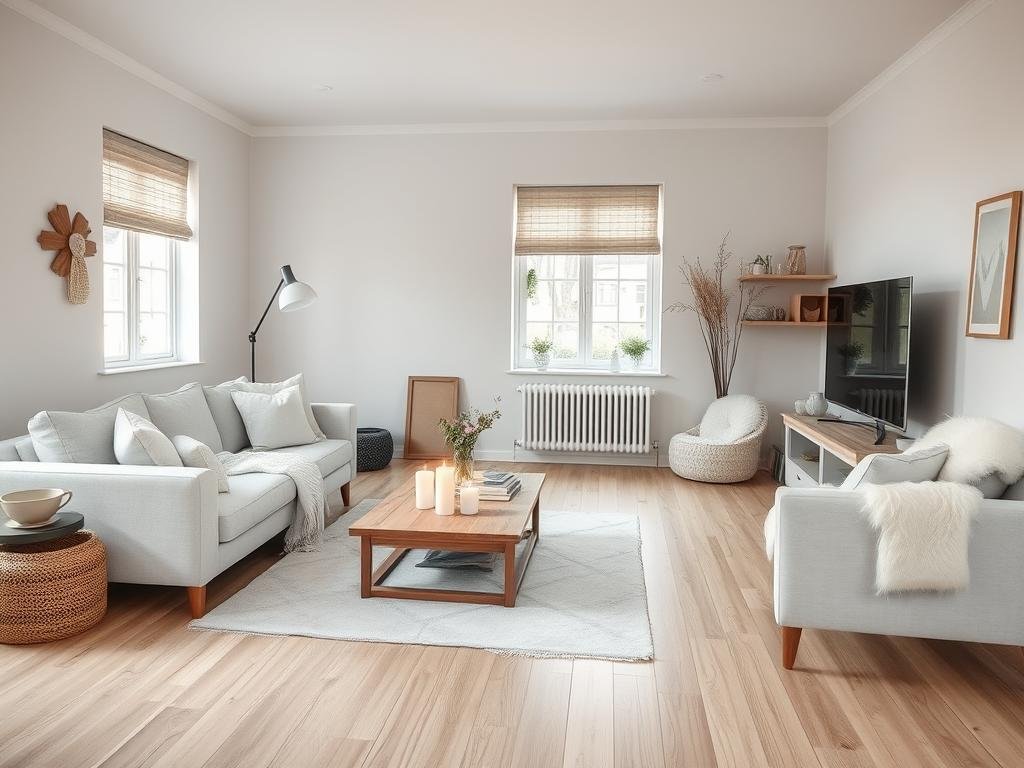 Scandinavian-inspired living room with light woods, soft grays, and hygge elements Scandinavian-inspired living room with light woods, soft grays, and hygge elements