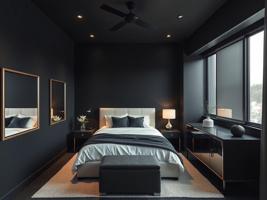 Small black bedroom where dark walls create depth and make the space feel larger Small black bedroom where dark walls create depth and make the space feel larger
