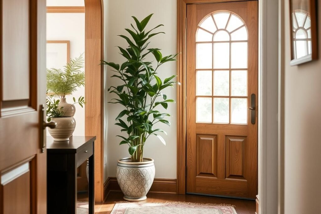 Tall indoor plant in decorative pot adding life to hallway corner Tall indoor plant in decorative pot adding life to hallway corner