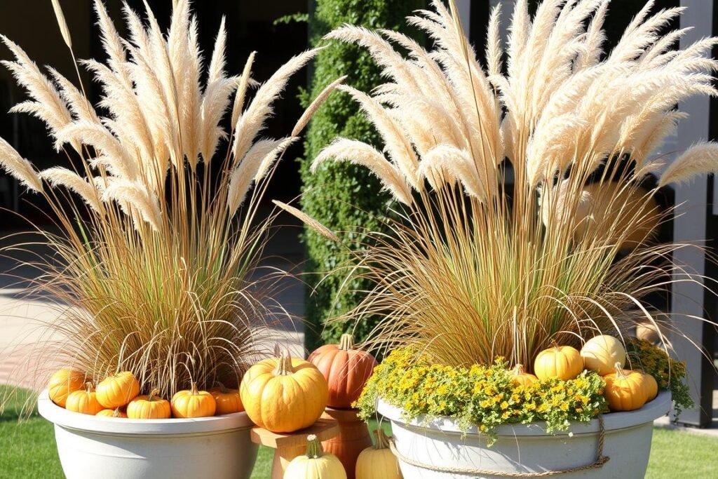 Tall ornamental grasses in planters with fall decorations for outdoor fall decor ideas Tall ornamental grasses in planters with fall decorations for outdoor fall decor ideas