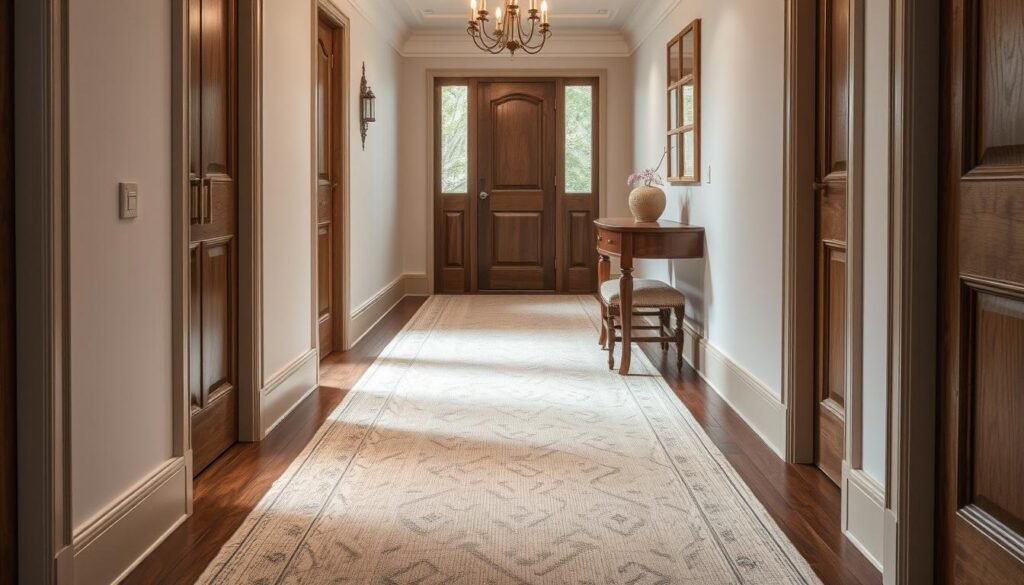 Textured neutral runner in hallway with subtle pattern adding luxury feel Textured neutral runner in hallway with subtle pattern adding luxury feel