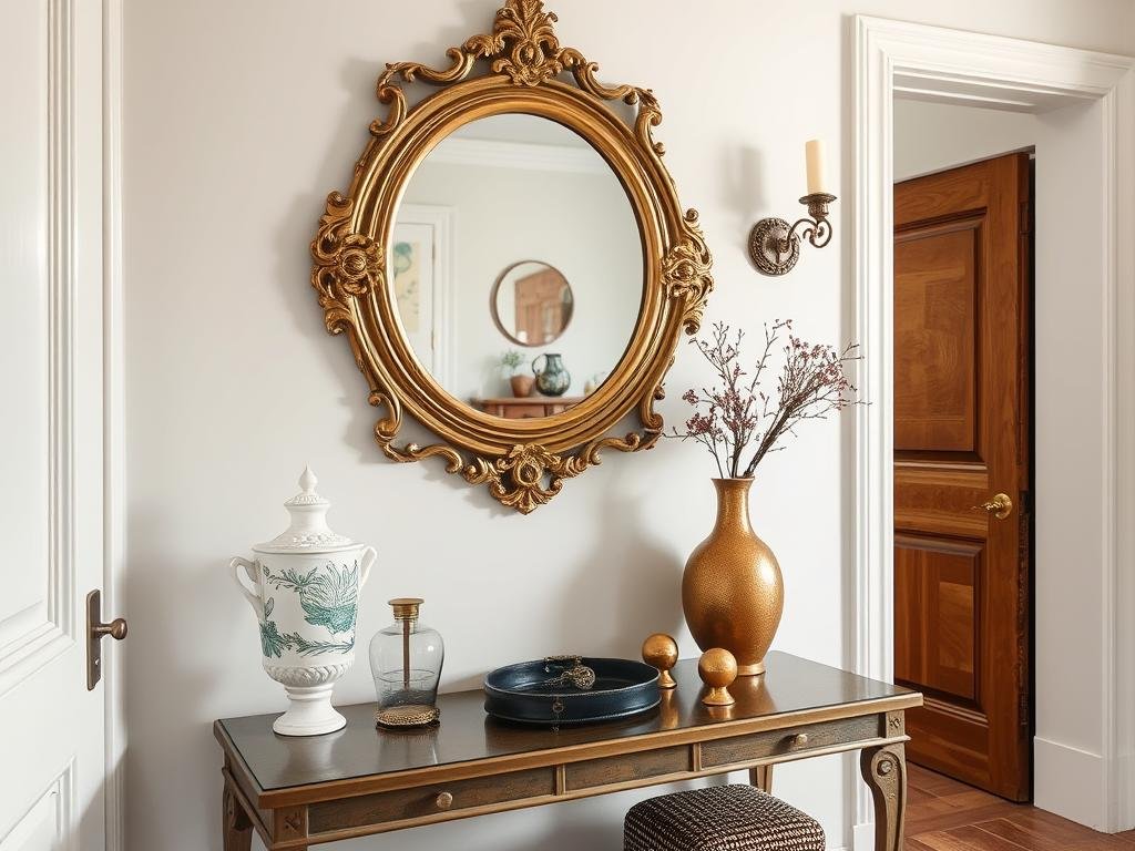 Vintage brass mirror and accessories in hallway creating character Vintage brass mirror and accessories in hallway creating character